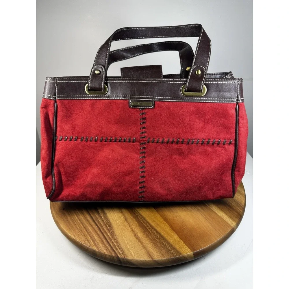 Tommy Hilfiger Medium Size Suede Red ‎ Handbag Purse w/ Espresso Leather Accent